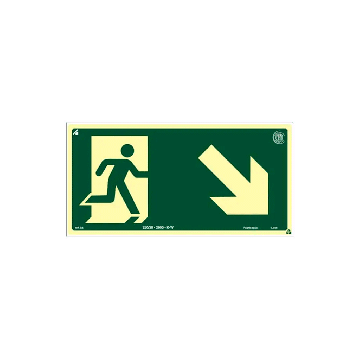 Placa fotoluminescente rota de fuga seta para baixo à direita de PVC