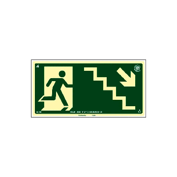 Placa fotoluminescente rota de fuga pela escada à direita seta para baixo de PVC